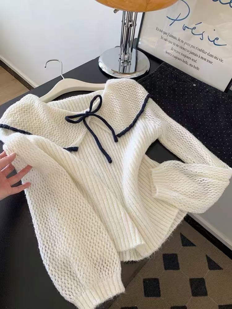 

Пуловер с лацканами контрастного цвета, с длинными рукавами, свободный свитер, женский новый ленивый высококлассный утолщенный вязаный свитер-топ L