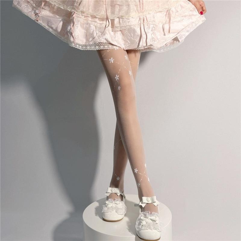 Printed Cherry Blossom Stockings, Fresh And Cute Lolita White Pantyhose, Slimming But Not Losing Crotch, Sweet And Skin-beautifying Stockings