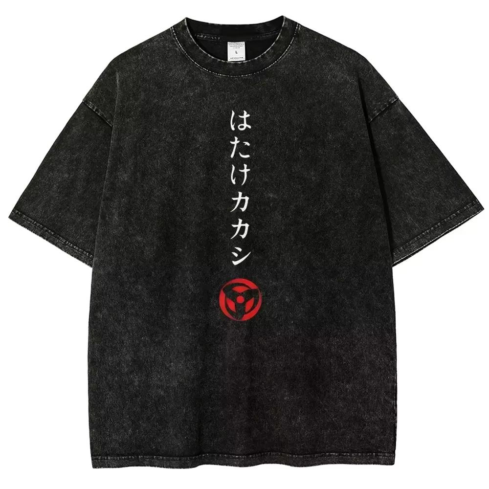 Naruto Kakashi Hatake T-shirt Occhio Sharingan Vintage Lavaggio Acido Streetwear Retro Grafica Anime Poliestere Magliette da Uomo Top 2026 Estate Nuove