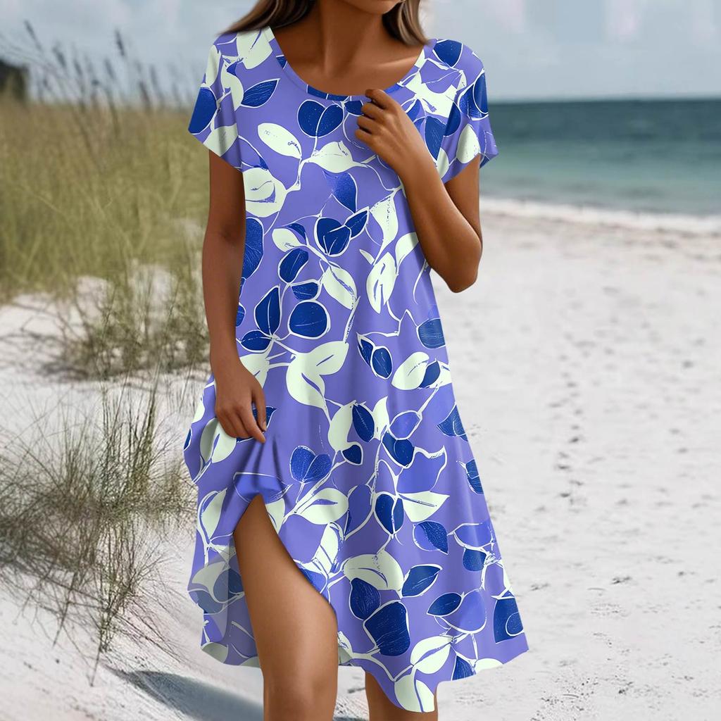 Women's Summer Short Sleeve Round Neck Floral Print Bohemian Dress With Pockets
