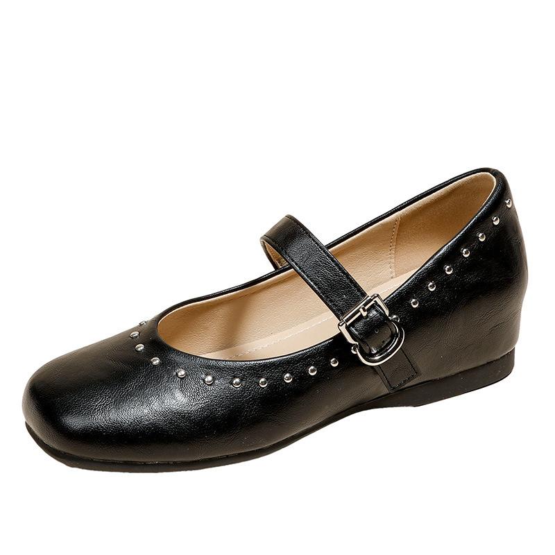 

Inner height increase retro round head flat bottom grandma shoes women s single shoes spring and autumn Mary Jane shoes temperament versatile rivet sm 40