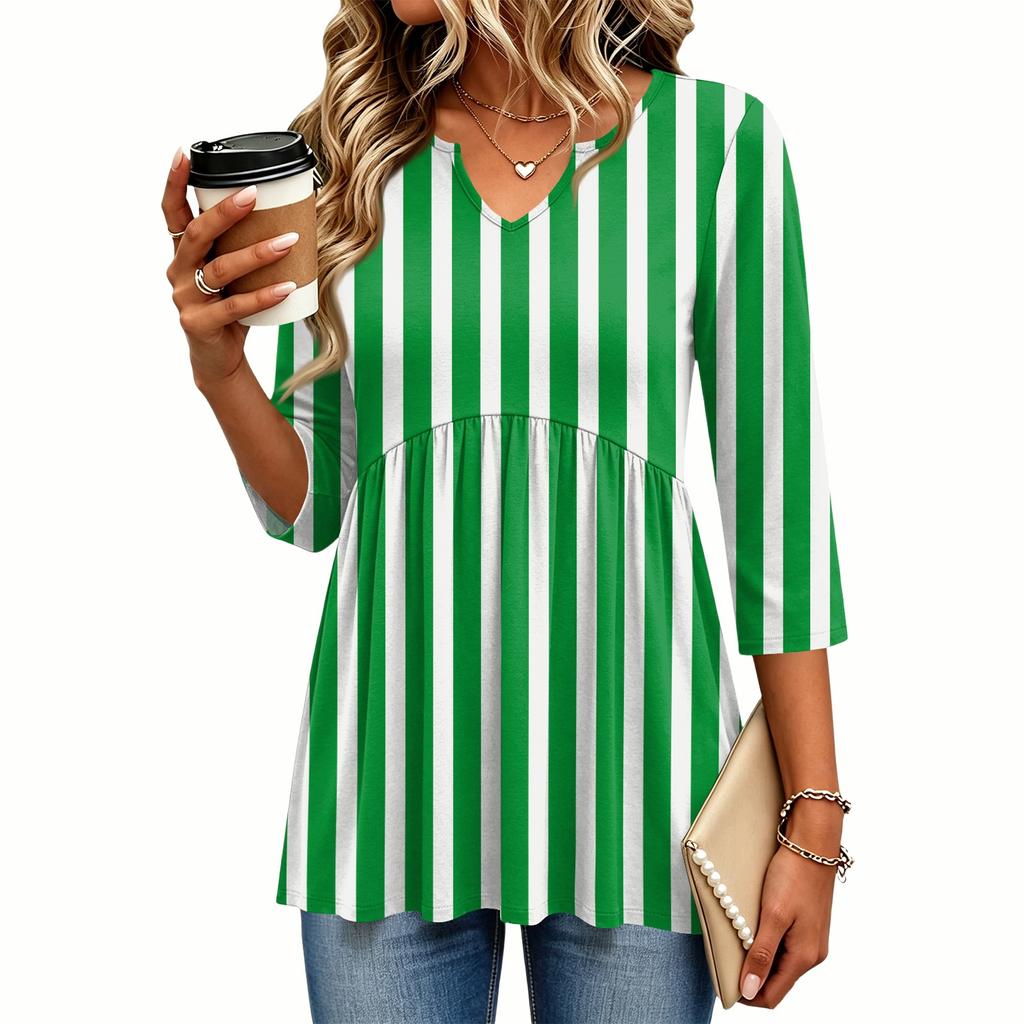 Damen Freizeitbluse mit Streifenmuster, V-Ausschnitt und Dreiviertelärm für die Arbeit oder den Alltag