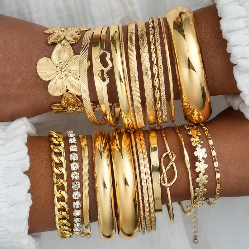 25 Stück/Set Personalisierter Multi-Element-Armreif mit dicker Linie, goldfarben, Herz, Perle, Zirkon, für Damen, täglicher Schmuck 2026