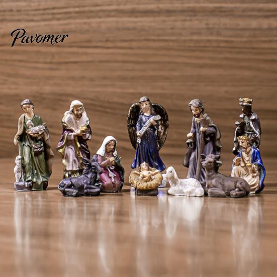 Indoor Creche Display 11 Pcs Christmas Nativity Scene Set, Resin Mini Figurines Tabletop Decor, Centerpieces Holy Family Angel Shepherd Animals