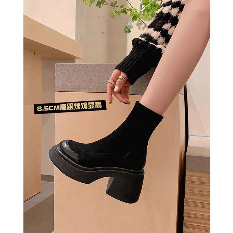 Small thin boots 2025 new autumn and winter explosion solid color Martin boots women's high heel thick heel elastic platform short boots