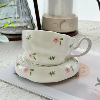 Set Tazza da Caffè e Sottotazza in Ceramica Floreale Dipinta a Mano Shangqi