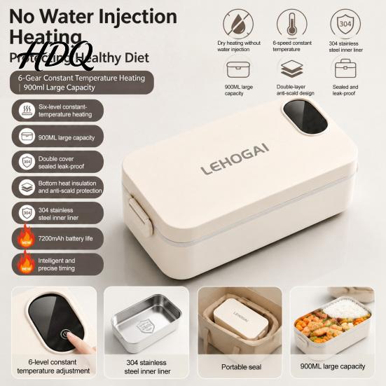 Portable Heating Meal Box for School 900ML USB Rechargeable Heated Lunch Box 304 Stainless Steel Liner Electric Bento Leakproof Students with
