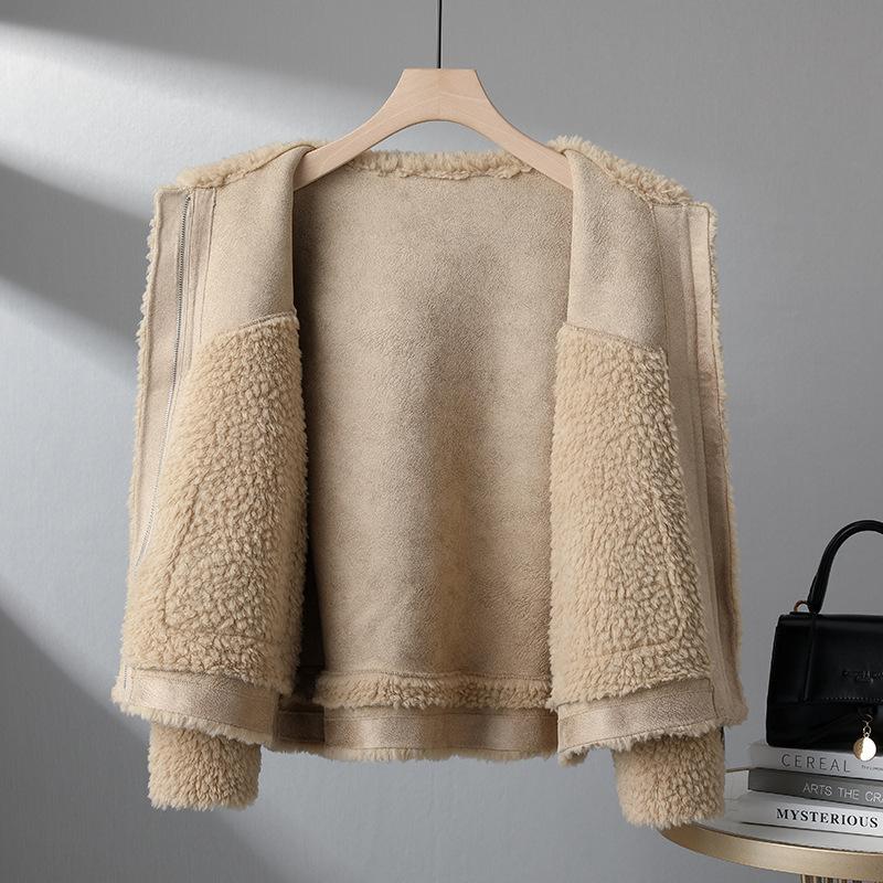 Winter Short Lambswool Coat Women Fashion Granular Jacket Turndown Collar Pocket Zipper Outerwear