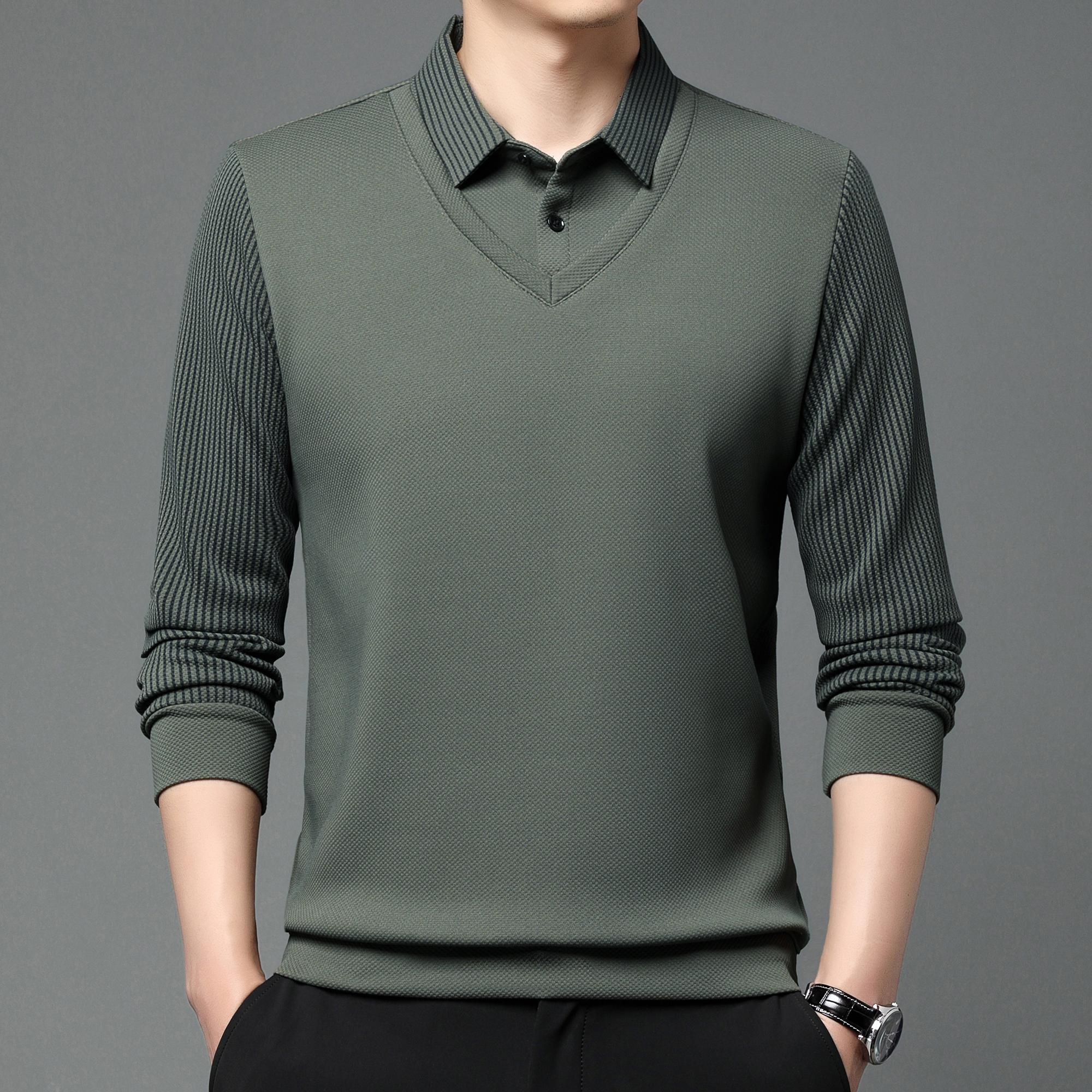 

Solid Fake Two-Piece Lapel Versatile Shirt Tops, Breathable Long Sleeve Golf Shirt For Casual Daily Wear, Spring And Autumn XL зелений