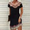 Damen Ethnisch Floralprint Kurzarm V-Ausschnitt Locker Lässig Tunika Kleid Sommer Etuikleid