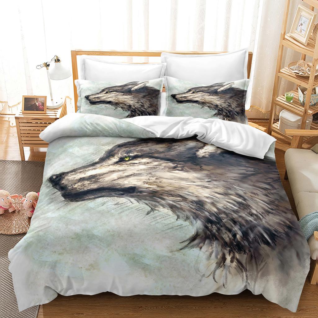 Lenjerie de pat de uz casnic cu model de lup 3D Pat de o persoană Pat dublu Față de pernă cu imprimeu de lup și husă de pilota 2/3 seturi de lenjerie de pat dormitor pentru adulți și copii