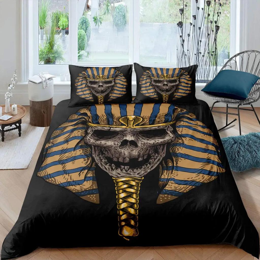 Pharaoh Duvet Cover Queen Ancient Egypt Tribe Comforter Cover Set for Boys Egyptian Pyramids Exotic Style Polyester Bedding Set
