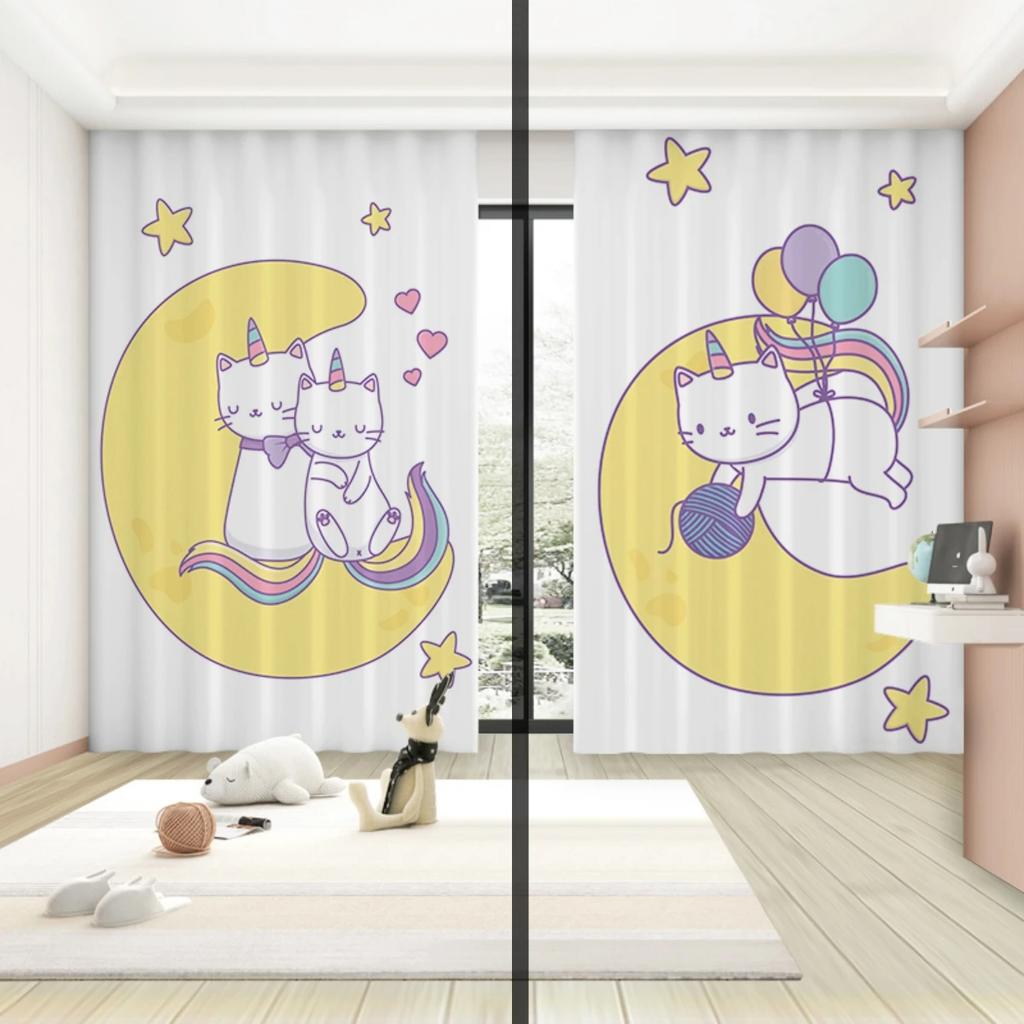 Neue hohe Verdunkelungsvorhänge für Kinderzimmer, Schattierungsvorhänge, Cartoon-Katze, Mädchenzimmer, Schlafzimmer, Arbeitszimmer, Dekoration, Verdunkelung, 2 Stück