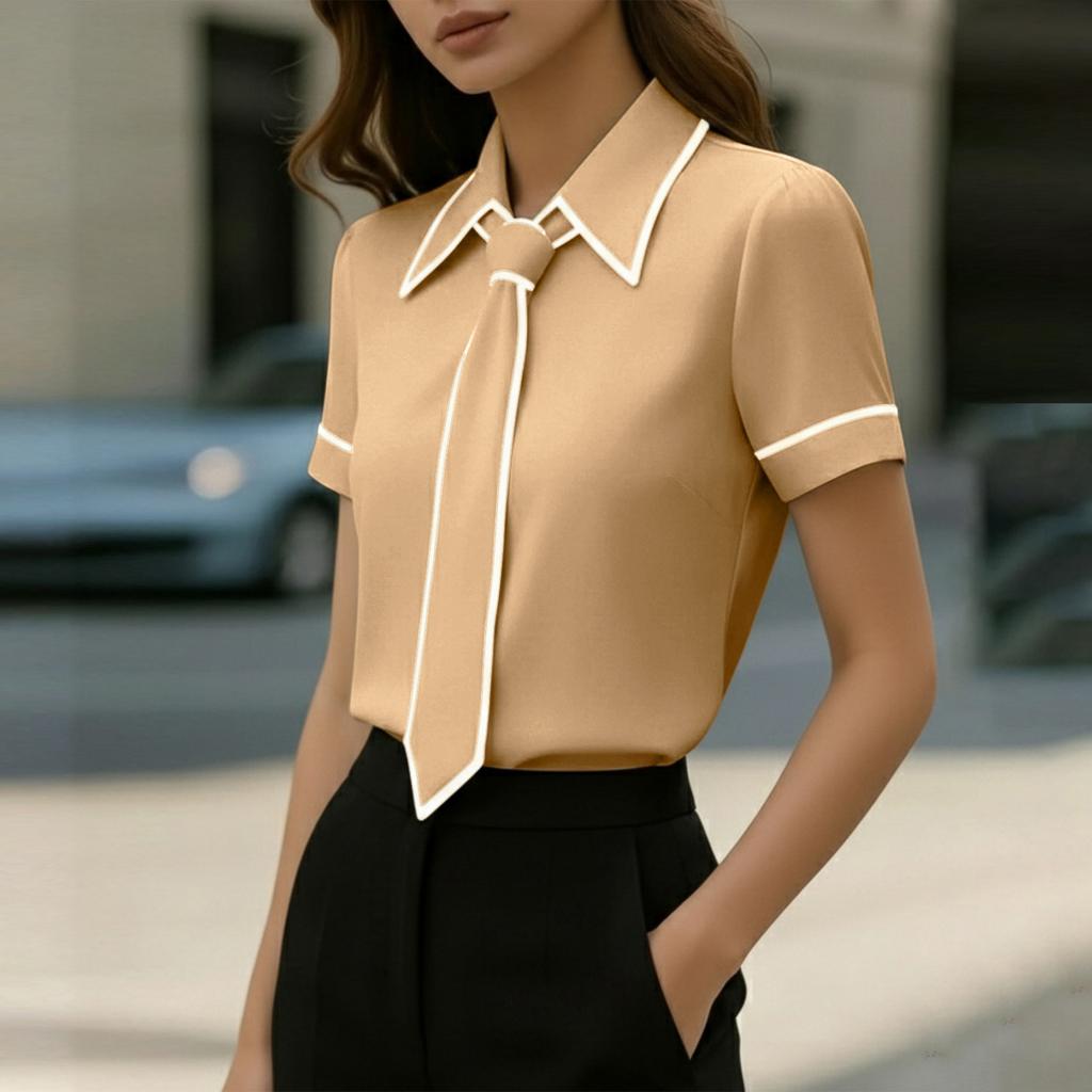 Womens Spring Tops Summer Shirts for Women Short Sleeve Office Blouse with Tie Womens Summer Tops Dressy Casual Style