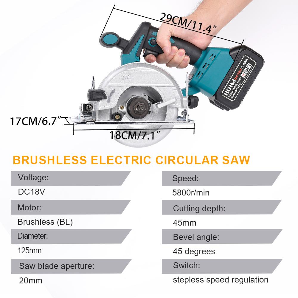 Brushless Electric Circular Saw 5 Inch 125mm Cordless Woodworking Cutting Power Tool   For Makita 18V Battery
