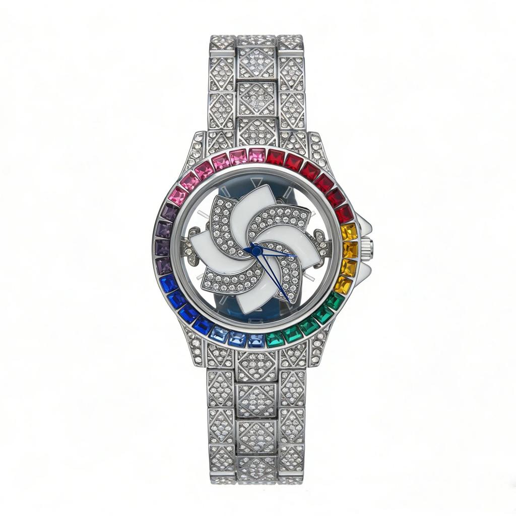 Orologio al Quarzo di Lusso con Quadrante Rotante Acciaio Inossidabile Cinturino Pavimentato con Cristalli Lucidi Elegante Orologio da Polso per Feste e Uso Quotidiano