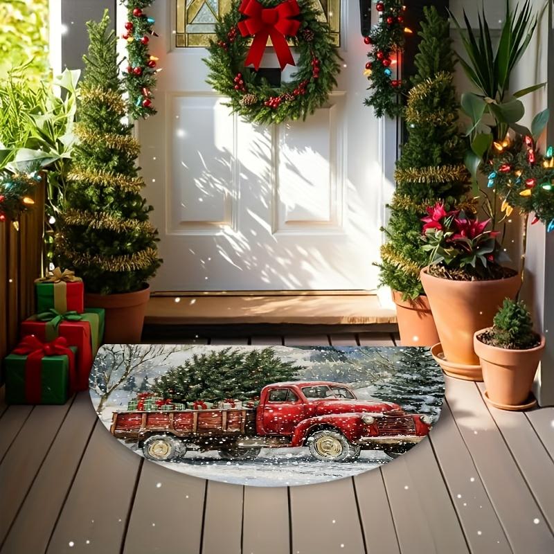 1Pcs Christmas Truck Tree Semi Circle Welcome Doormat Non-Slip for Outdoor Patio Porch Kitchen Bathroom Entryway Floor Mat