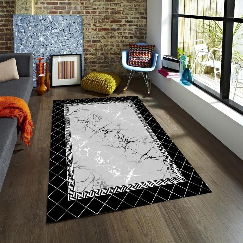 Marble Patterned Carpet with Border Pattern Living Room and Bedroom Fully Covered with Rug Minimalist Foot Mat Home Decoration