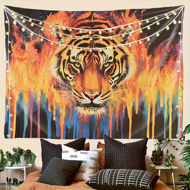 1pc Colorful Tiger Tapestry Wall Decor Peach Light Beige Polyester Fabric Vibrant Tiger Head Flames Design Horizontal Indo
