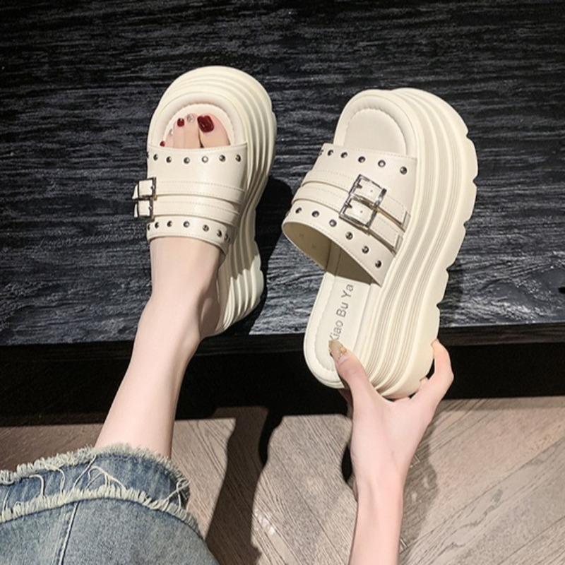 Women's Chunky Slippers 8CM Height Increasing Platform Sandals 2025Summer New Beach Slippers for Women Punk Style Casual Slipper