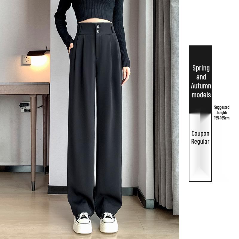Pantaloni negri cu talie înaltă și picior larg pentru femei 2025: Subțiere, Drapat, Casual, Stil de primăvară/toamnă