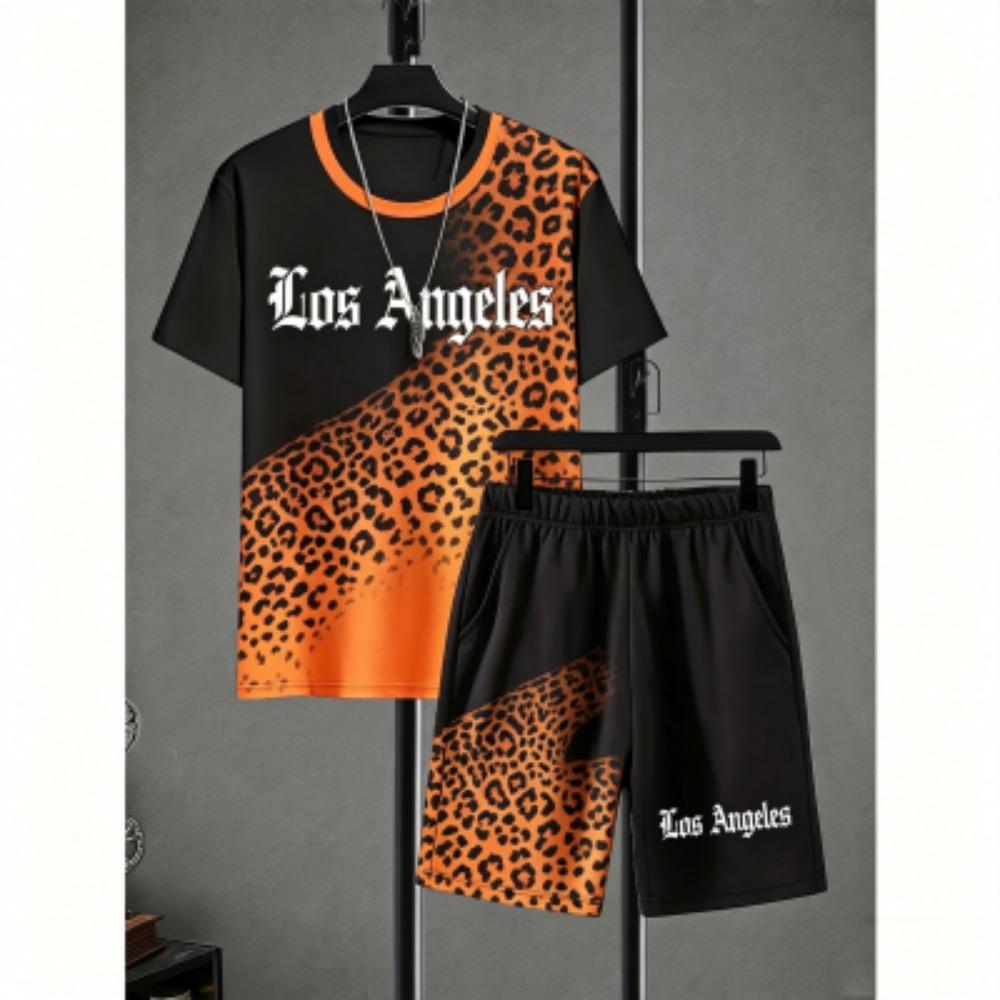 Men's Set Letter Leopard Printed Men's T-shirt and Shorts 2 Piece Set Summer Casual Outdoor Plus Size Men's and Women's T-shirt Sets