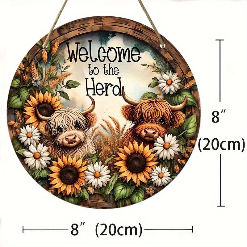 "Welcome To The Herd" Rustic Wooden Hanging Plaque with Curly Highland Cows & Sunflowers - Classic Farmhouse Wall Decor Sign for Door, Wall, Home Room