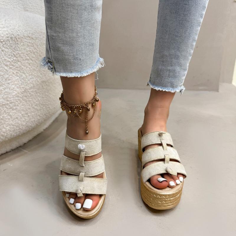 Temperament Keilpantoletten Sommer Neu Runde Zehen Offene Zehen Flanell Slip mit Plateau Rutschfest Verschleißfest Hohe Absätze