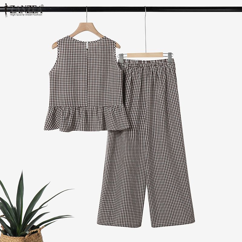 ZANZEA Women Sleeveless Vest Tops and Pants Summer Two Piece Suit Sets
