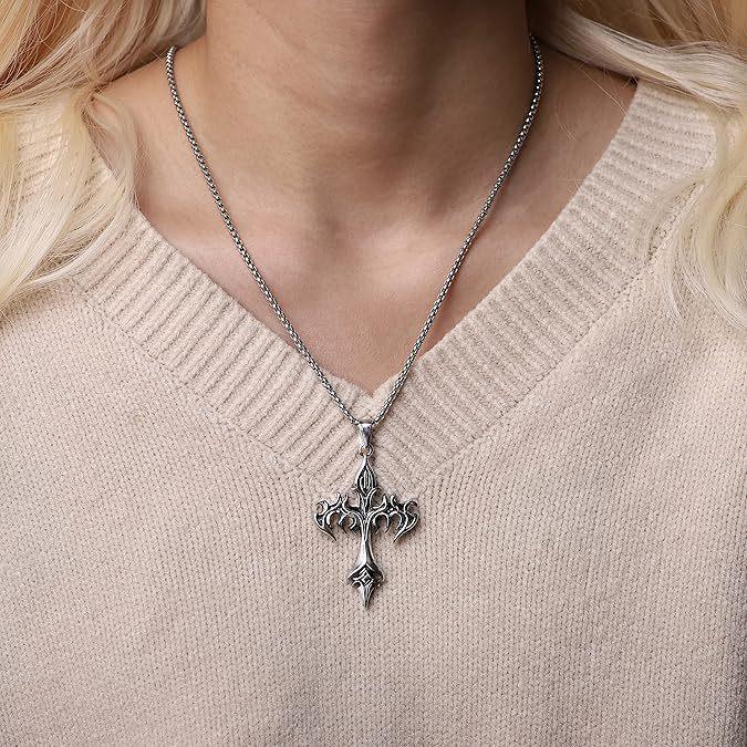Men's Stainless Steel Cross Necklace - Vintage Flame Pendant Alloy Accessories - 2025 Hot Selling Jewelry