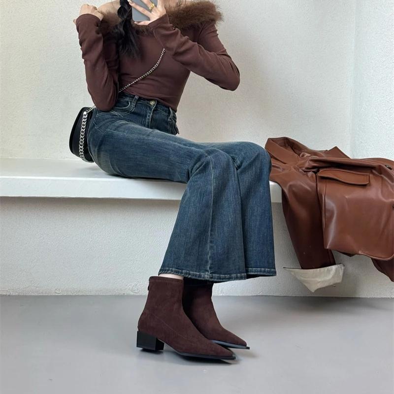 Ghete Moderne de Damă de Designer, Glezniere la Modă cu Vârf Ascuțit, Botine Scurte, Pantofi Casual de Damă cu Toc Gros