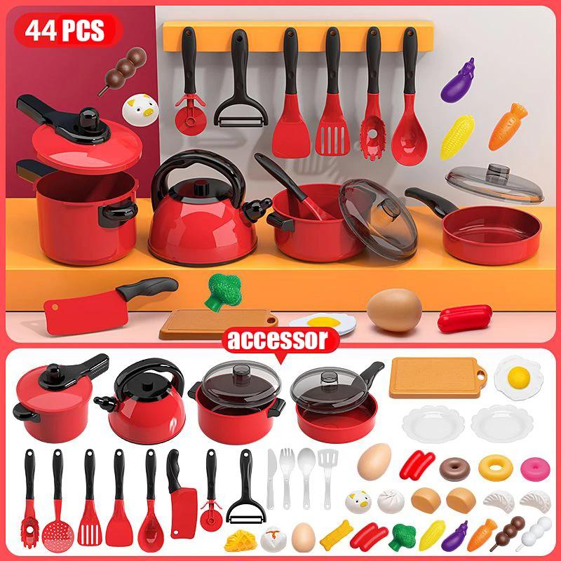 Kids Toys Pretend Play Red Kitchen Toys Simulation Food Cooking Girl's Boys Educational Play House Interactive Toys for Children