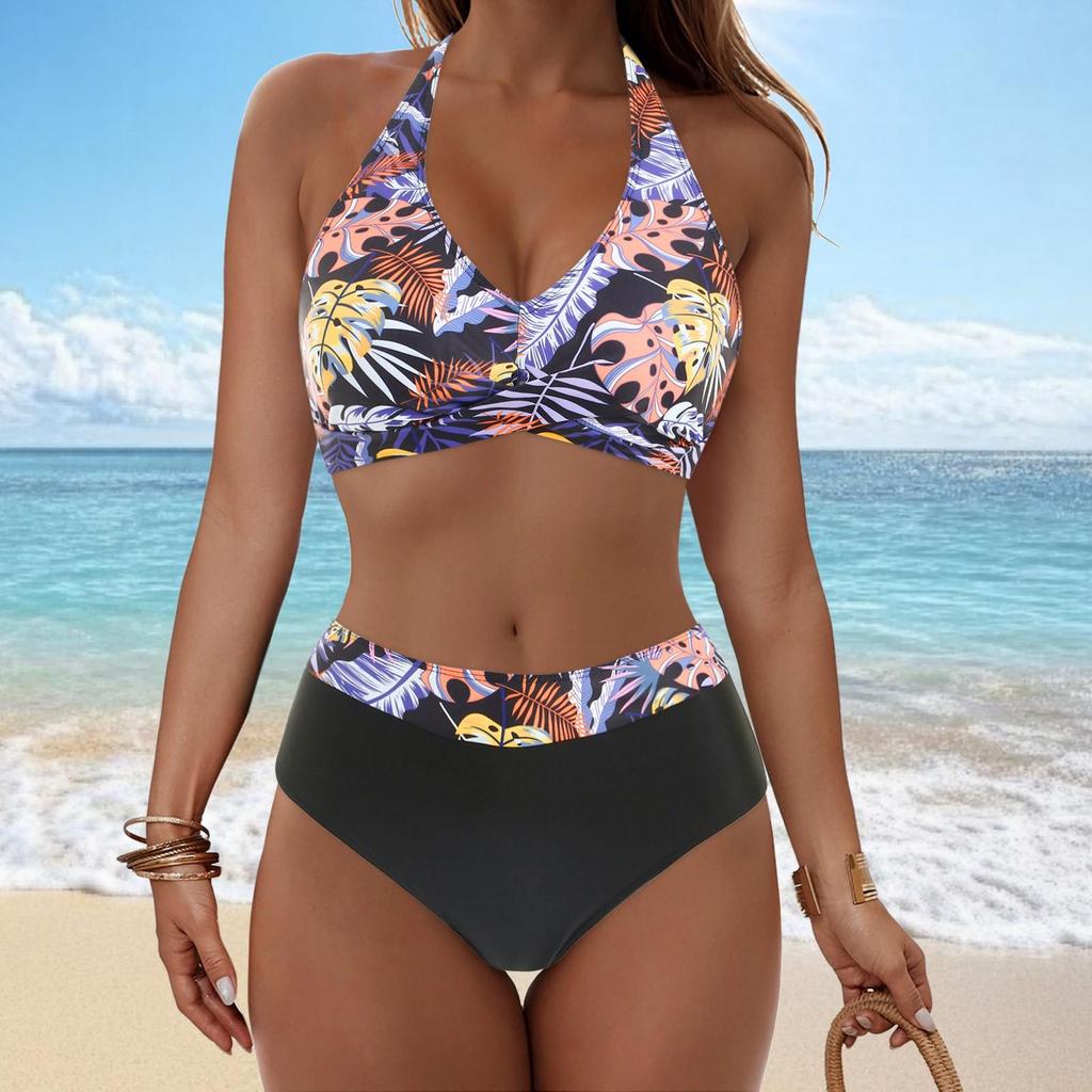 Ladies' Detachable Chest Cushion High Waist Hanging Neck, Printed Color Blocked Split Swimsuit High Waisted Bikini Two-Piece Set