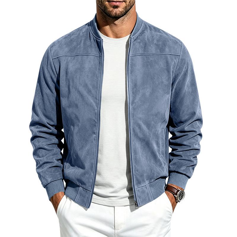 Men Faux Suede Bomber Jacket Zip‑Up Baseball Collar Casual Long Sleeve Outerwear Lightweight Fall Pilot Coat