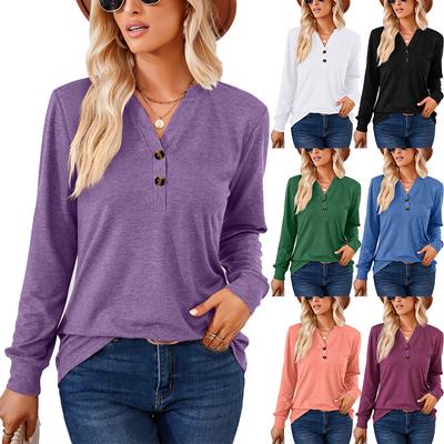 2024 European And American Autumn/Winter New Solid Color V-Neck Button Loose Long Sleeve T-Shirt Top For Women