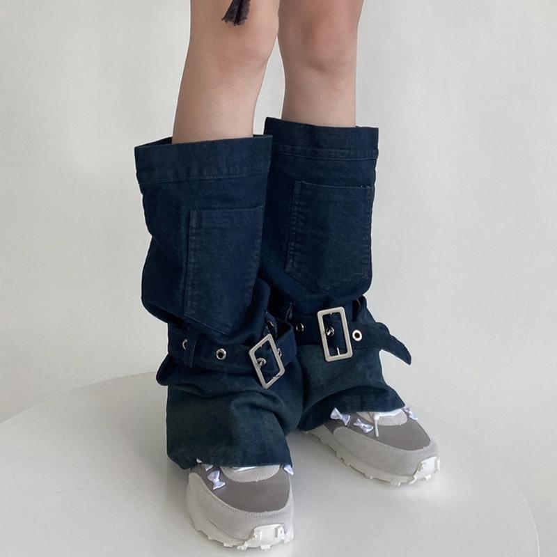 Harajuku Cargo Leg Warmers with Adjustable Buckle Strap Pocket for Women Punk Denims Baggy Foot Covers Footless Socks