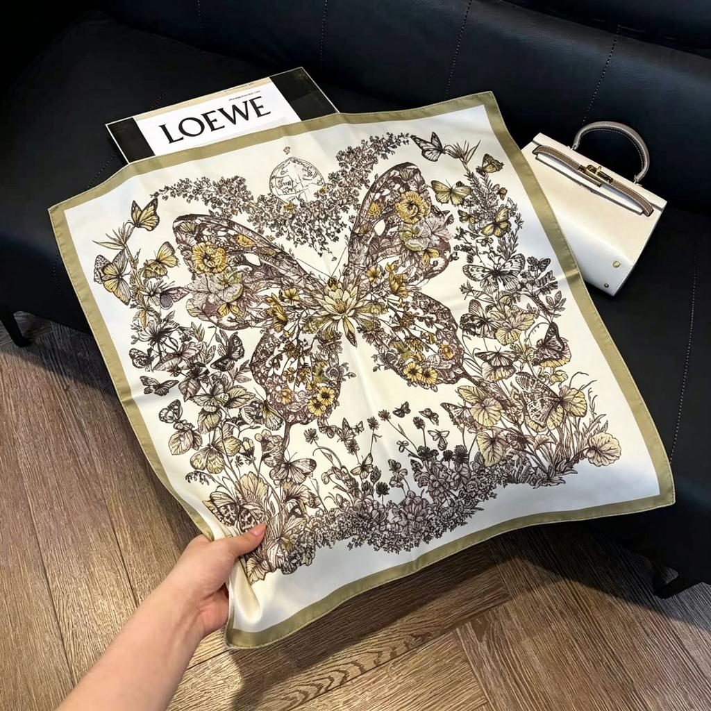 71Cm New Chinese Simulation Silk Square Scarf Soft and Skin-friendly Ink Flower Rhyme Printing Silk Scarf Neck Sunscreen Small Scarf