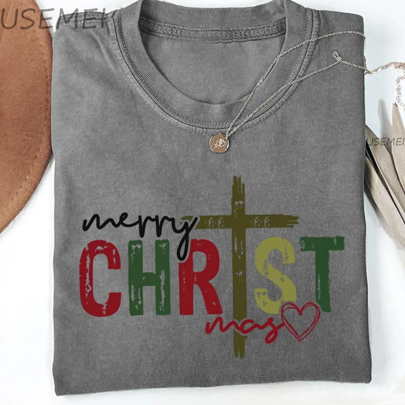 Merry Christmas Tshirt Jesus Christ Xmas Ready To Press Tshirt Christmas Cross T Shirt Women Men Retro Washed Printed Tshirt S