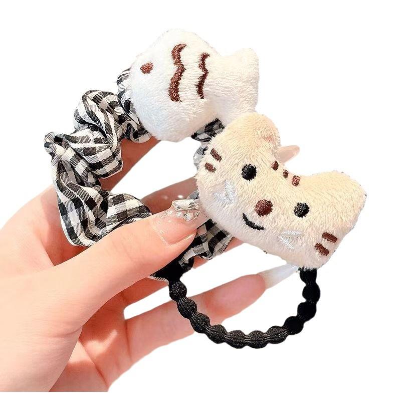 Autumn & Winter Cute Cat Eating Fish Doll Plaid Headband & Cartoon Hair Rope Accessories