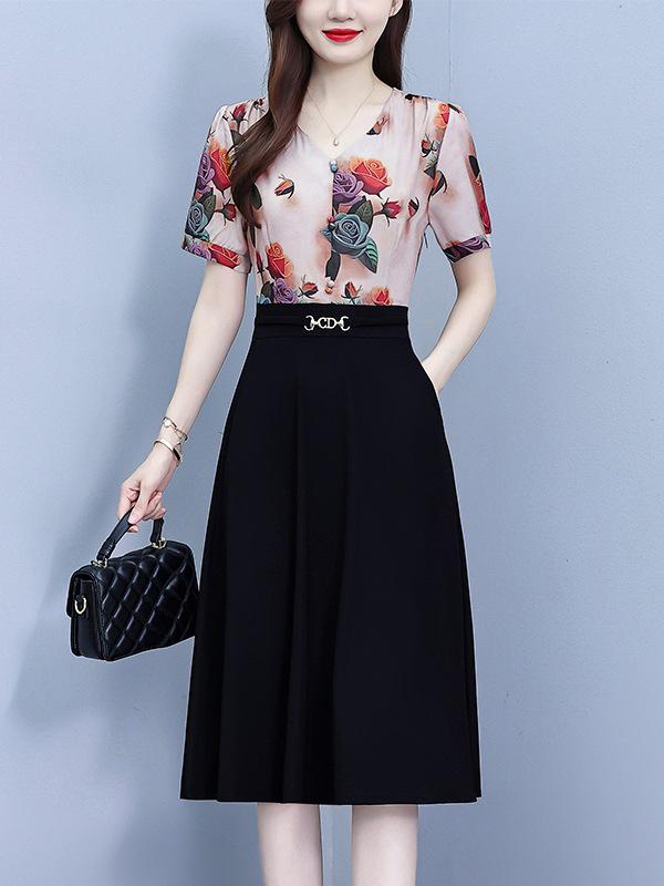 

Women s Floral Patchwork Short Sleeve Two-Piece Dress XL