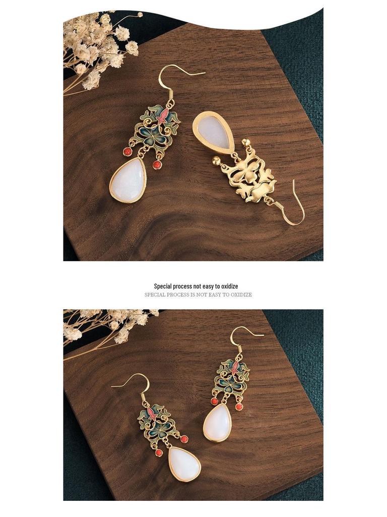Retro National Trend Cloisonné Enamel Earrings with Southern Red Agate and White Jade for Hanfu Costumes