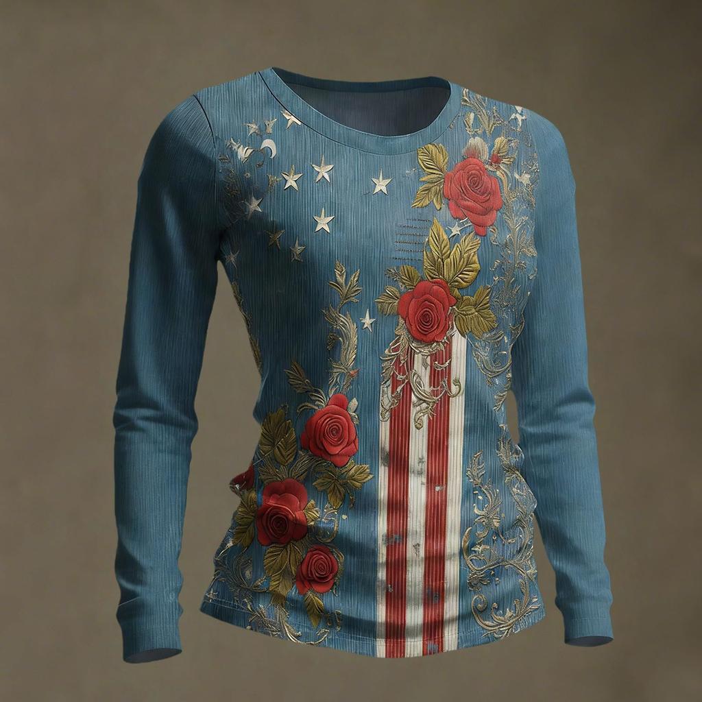 Top de damă casual de zi cu zi, cu mânecă lungă, imprimat, cu gât rotund