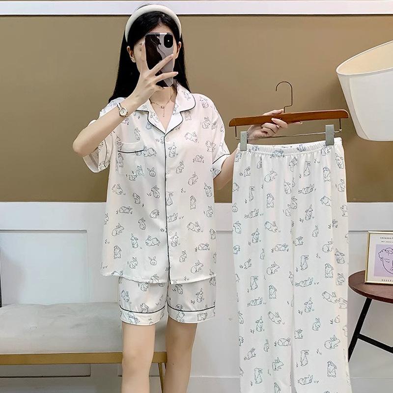 Spring And Summer Simple Wind Ice Silk Three-Piece Set Short-Sleeved Pajamas Women'S Bunny Printed Loungewear Set