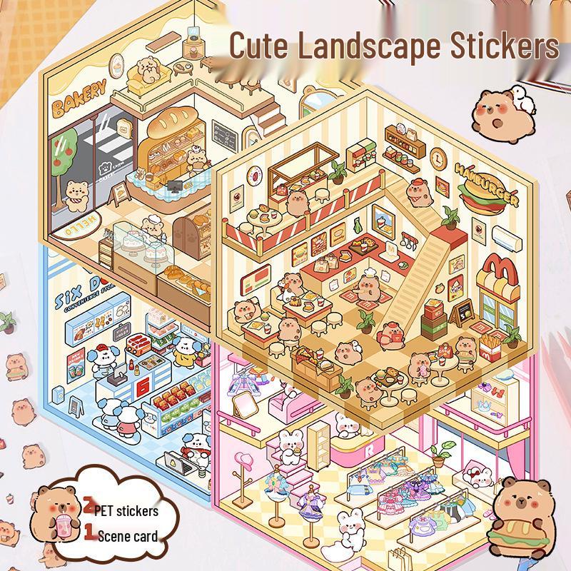 Korean 3D Cartoon Landscaping Stickers: Cute Hut and Xiaohongshu Design for Stress Relief