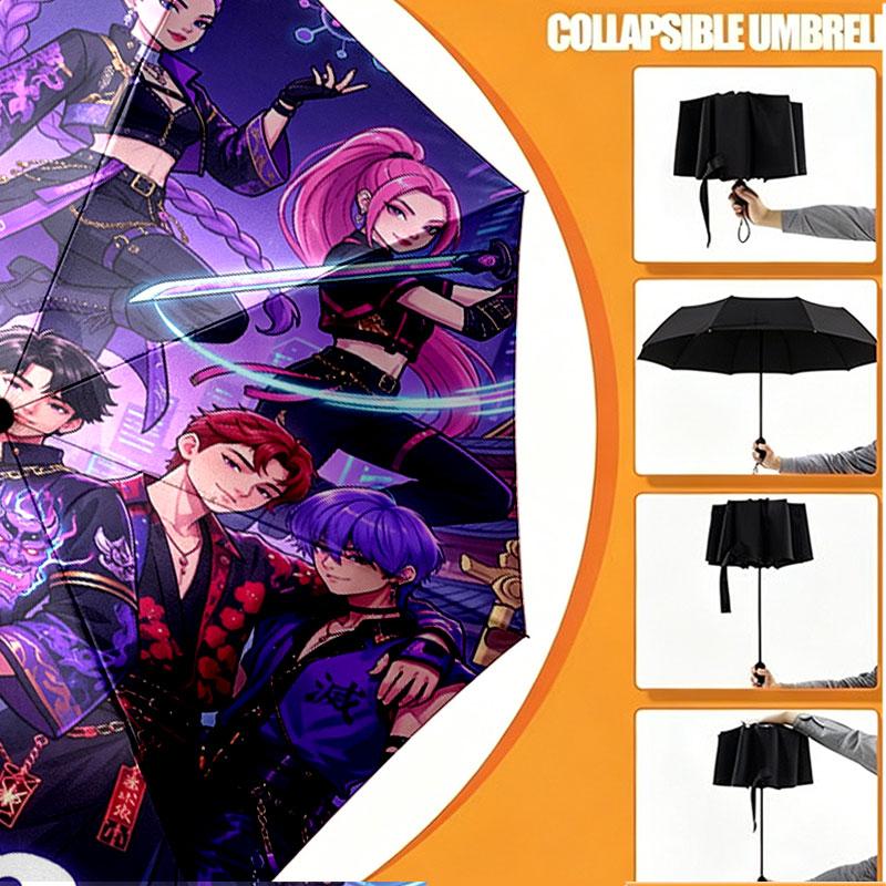 Custom Name Personalized Kpop Demon Hunter Print Umbrella, Auto Open Close, 8‑Rib Sturdy Frame, Commute Camping Hiking Use, Birthday Gift