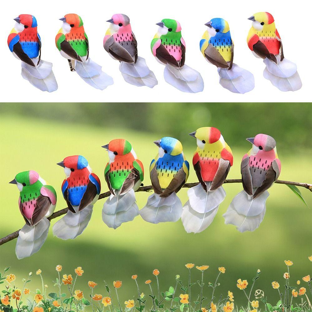 6PCS Creative Multicolor Artificial Birds with Clips Foam Faux Bird DIY Accessories Photo Props Decorative Birds Garden Ornament