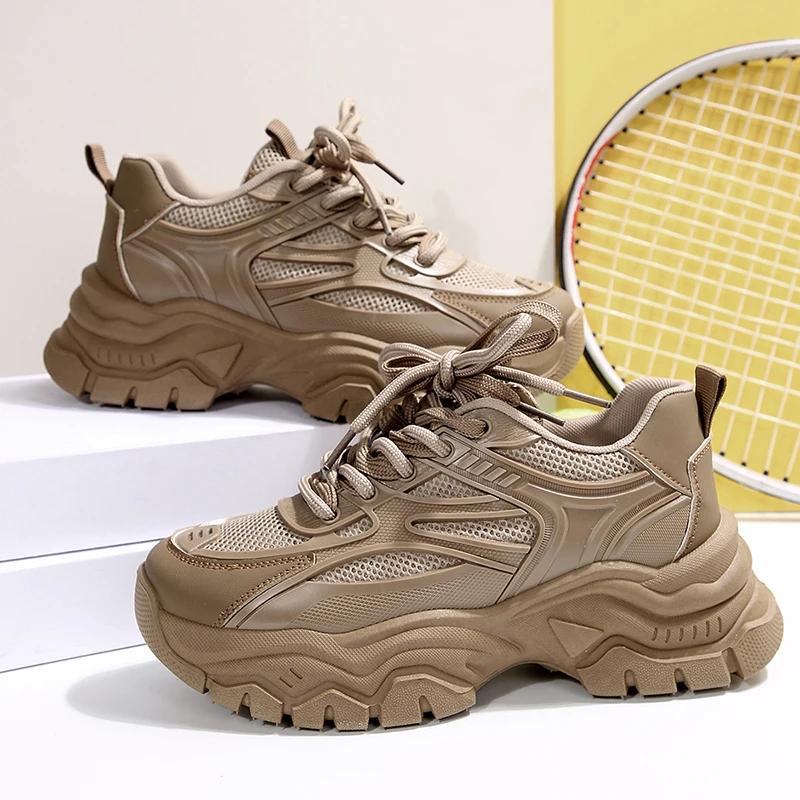 Fashion Retro Khaki Chunky Platform Sneakers Women 2025 Autumn Thick Bottom Breathable Mesh Sports Shoes Non Slip Woman's Hiking Shoes