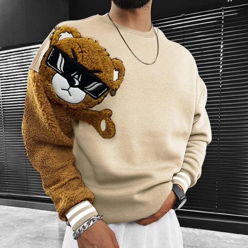 

Autumn Winter Men s Beige Cool Bear Patch Sweatshirt Sherpa Sleeve Streetwear Pullover S абрикосовий