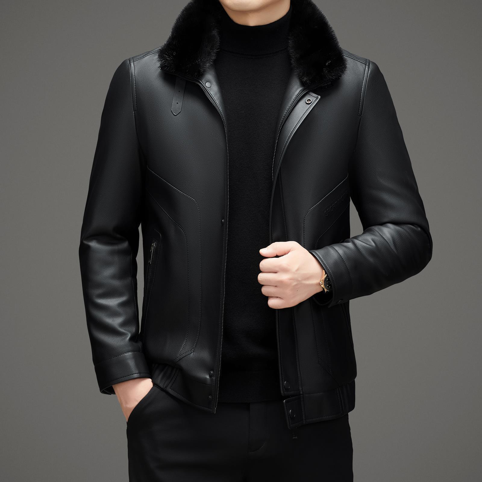 

Haining Men s Winter Sheepskin Leather Jacket with Mink Fur Collar M чорний