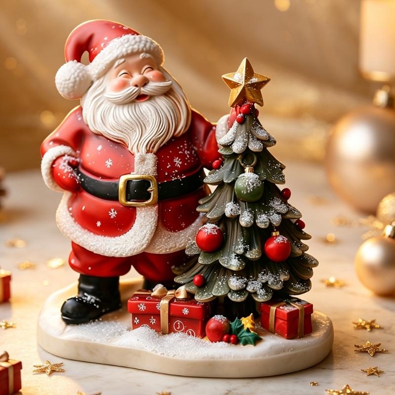 Santa Tree Christmas Figurine Seasonal Home Accent, Detailed Figure for Shelf Display, Desk Styling, Entry Table, and Indoor Home Use